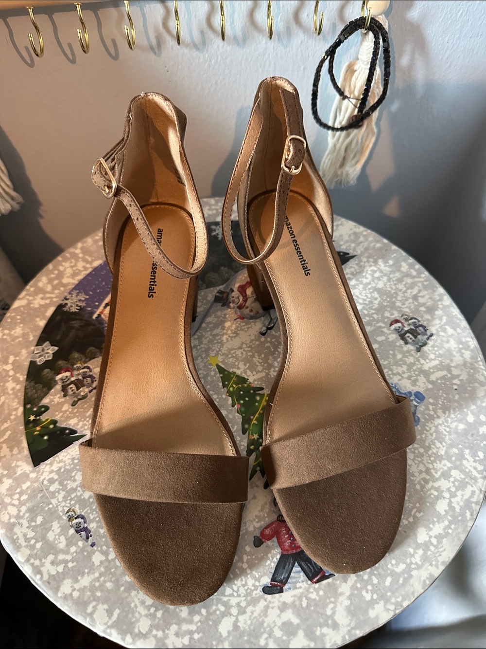 Amazon Essentials Brown Suede Ankle-Strap Block Heels
